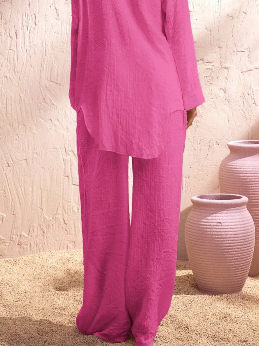 Hot Pink Women's Beach Tie-Up Wide Leg Pants - Picture 3 of 5